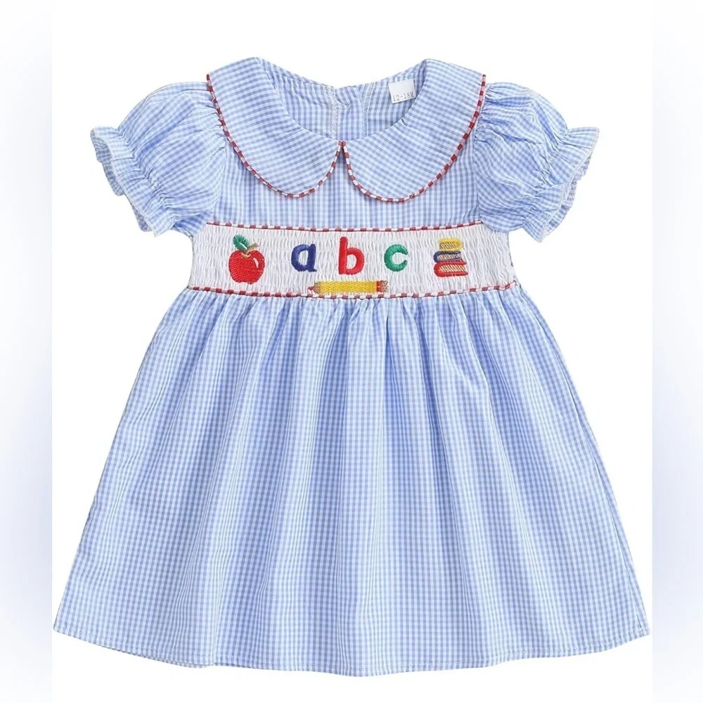 NWT 4T Girls Blue Gingham Alphabet Back to School Short Sleeve Smocked Dress